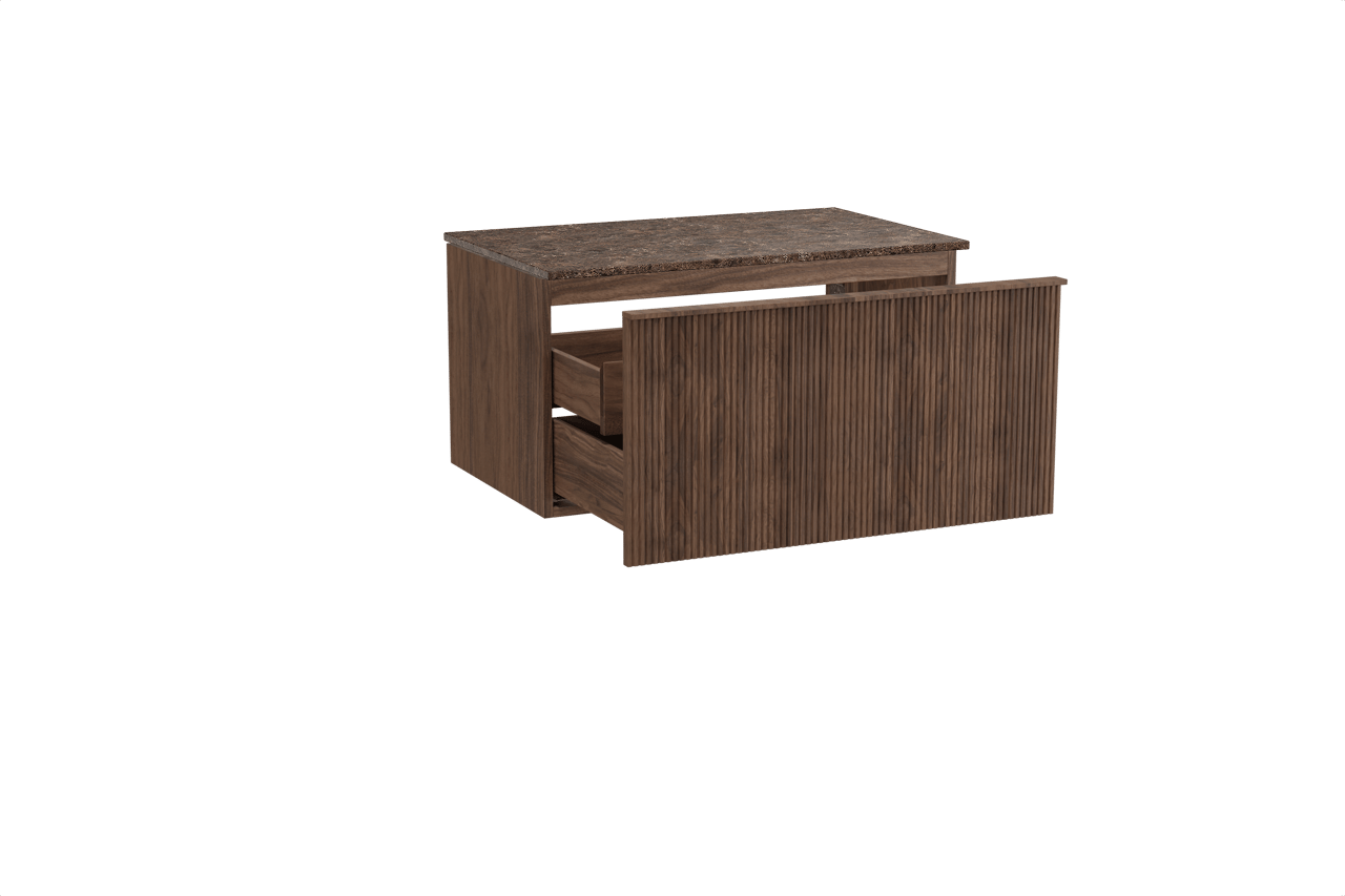 Balmani Forma zwevend badkamermeubel 90 x 55 cm amerikaanse notelaar met Stretto enkel tablet in marmer dark emperador, Verticale symmetrische rechte ribbel