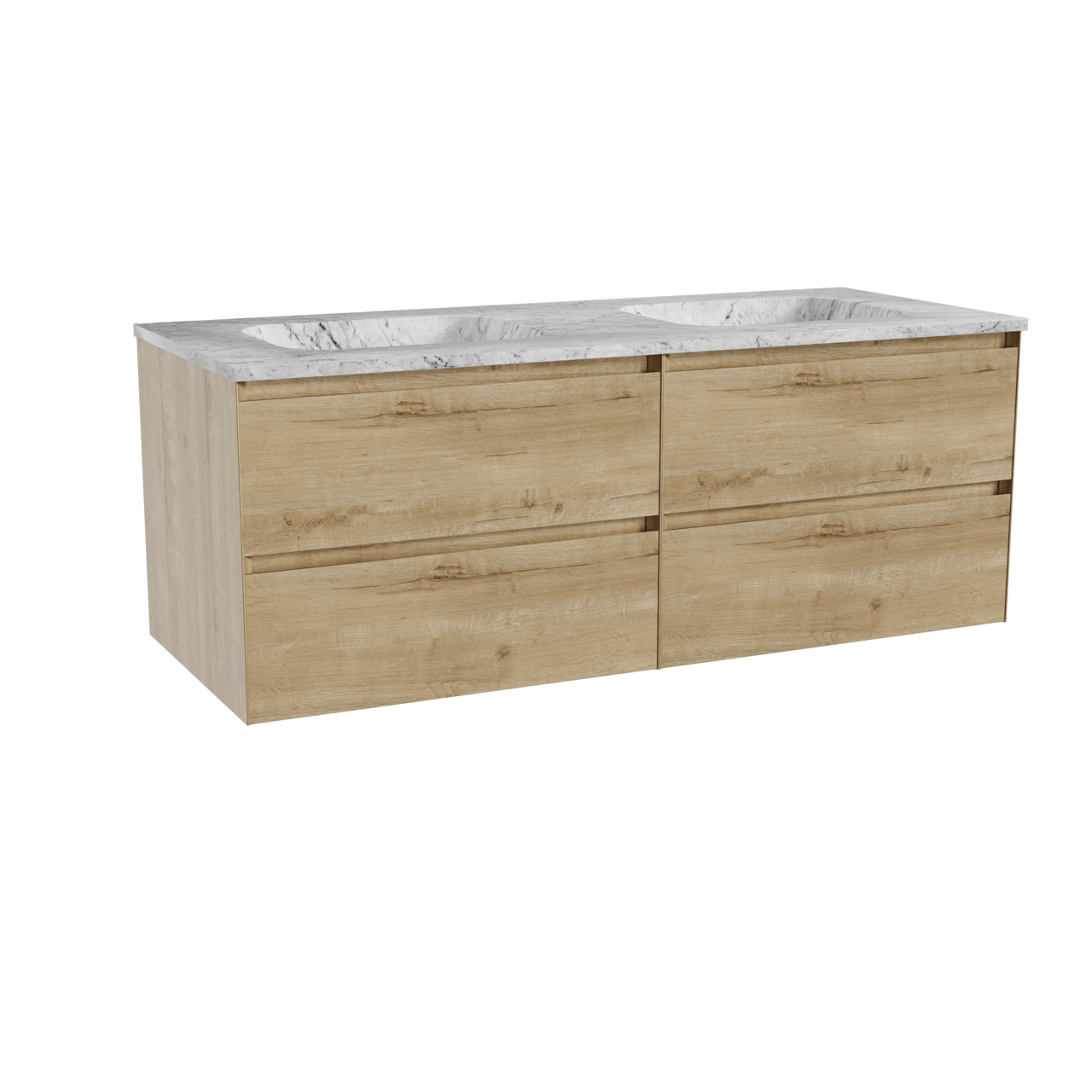 Balmani Mitra hängendes Möbelstück Set: 135 x 55 cm, Rohe Eiche, mit Tablo Arcato Doppelwaschtisch, Marmor Carrara