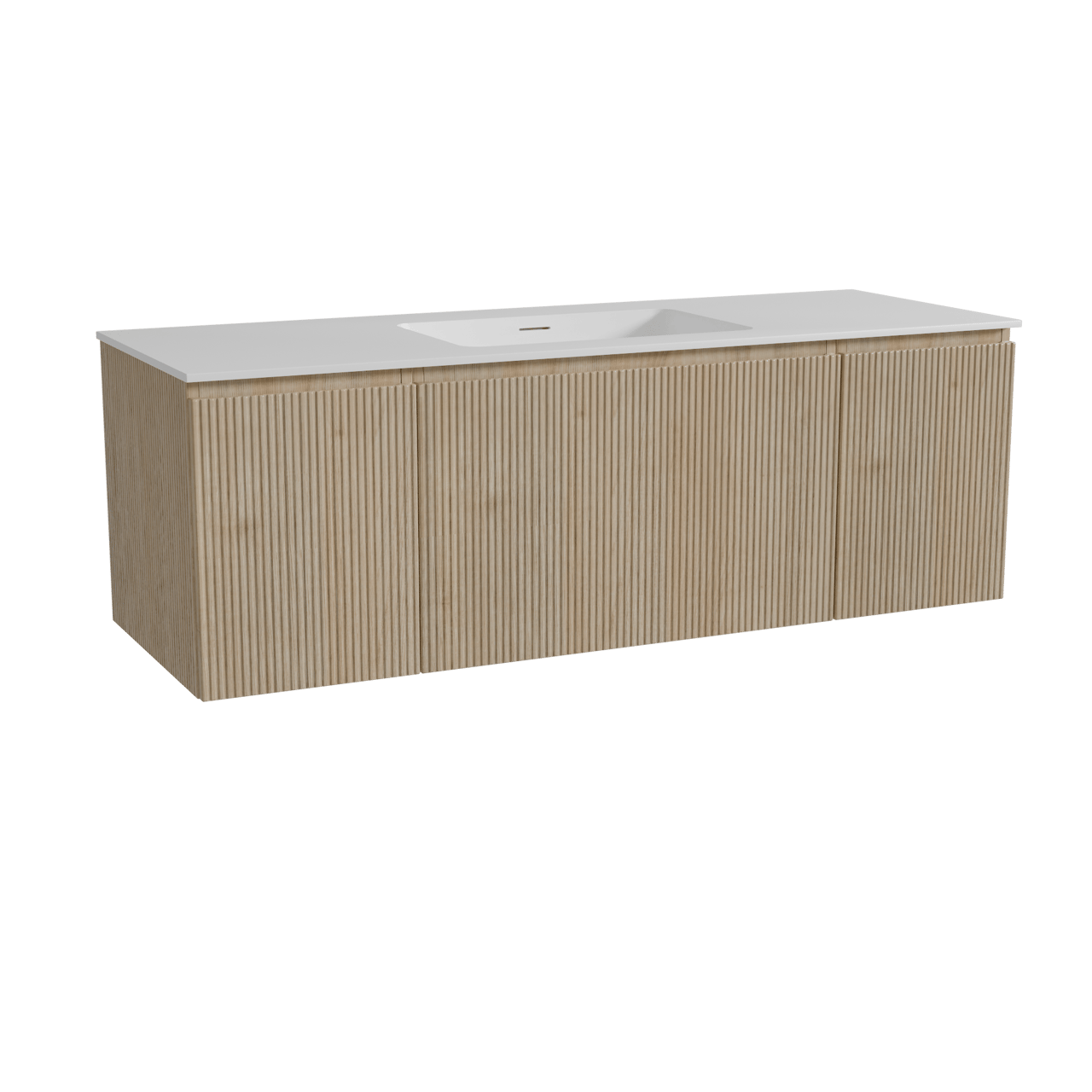 Storke Ribs hängendes Möbelstück Set: 145 x 52 cm, Rohe Eiche, mit Mata Einzelwaschtisch, Solid Surface, Weiß matt, Vertikale symmetrische gerade Rippe