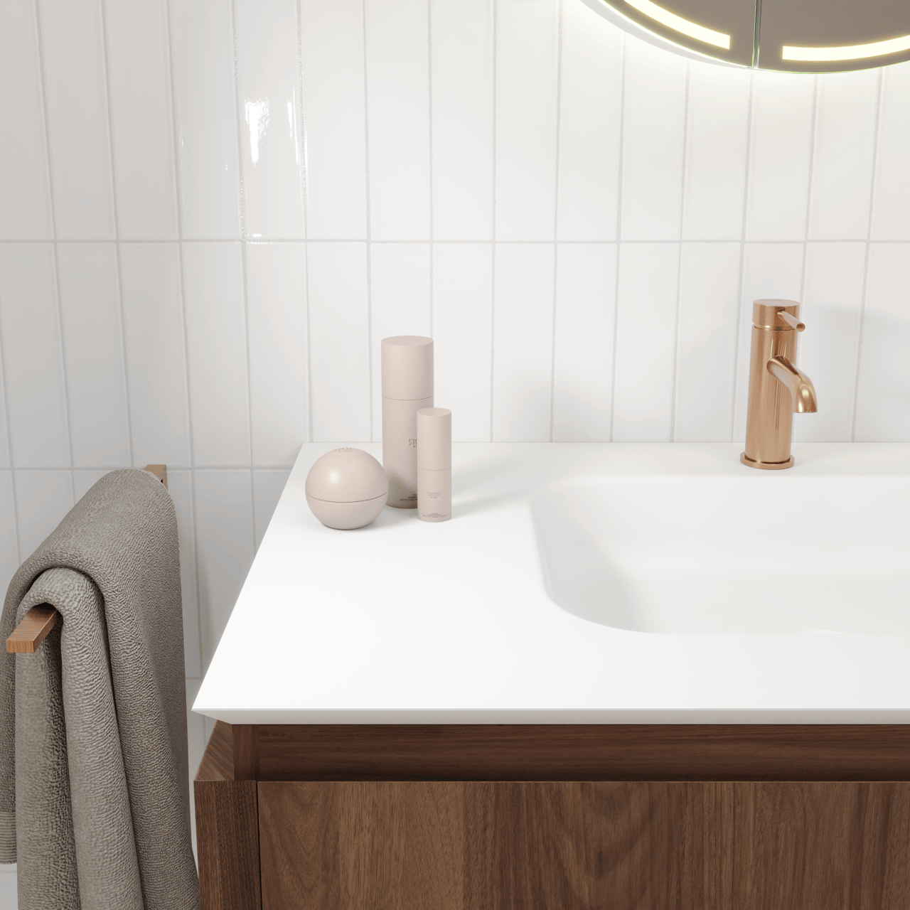 Balmani Eclips meuble salle de bains suspendu 90 x 55 cm Noyer américain avec Eclips plan simple en Solid Surface blanc mat