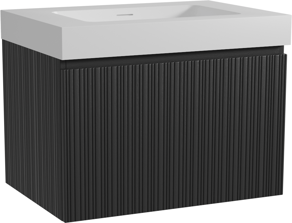 Storke Ribs zwevend badmeubel 75 x 52 cm zwart eiken met Mata High enkele wastafel in solid surface mat wit, Verticale asymmetrische rechte ribbel