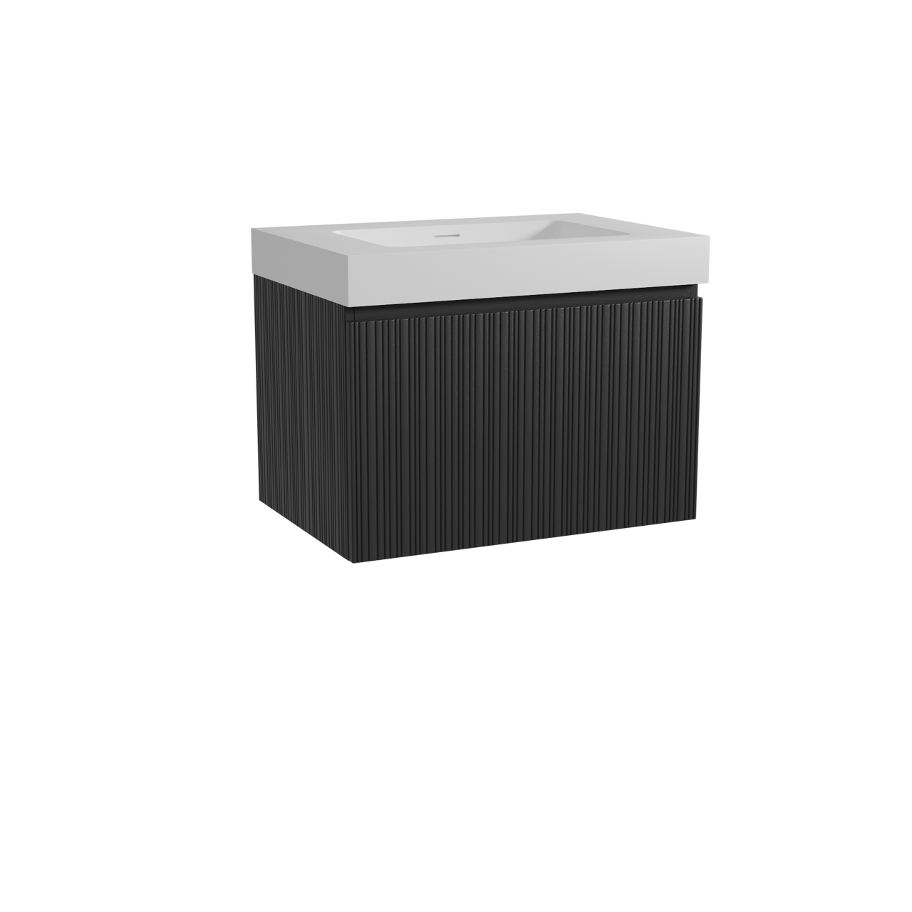 Storke Ribs hängendes Möbelstück Set: 75 x 52 cm, Schwarze Eiche, mit Mata High Einzelwaschtisch, Solid Surface, Weiß matt, Vertikale asymmetrische gerade Rippe