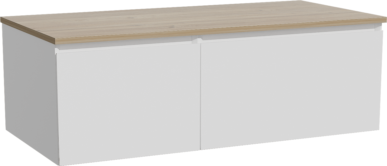 Storke Edge hängendes Möbelstück Set: 110 x 52 cm, Weiß matt, mit Panton Einzel Waschtischplatte, Melamin Rohe Eiche