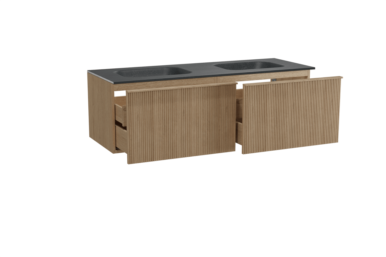 Balmani Forma hängendes Möbelstück Set: 150 x 55 cm, Naturbelassene Eiche, mit Tablo Arcato Doppelwaschtisch, Granit, Schwarzes Granit, Vertikale symmetrische gerade Rippe