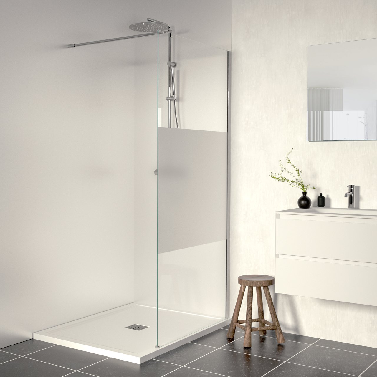 Linie Walk-In Walk-In Dusche: 100 x 200 cm, Klarglas mit satiniertem Streifen, Chrom Profil, glänzend