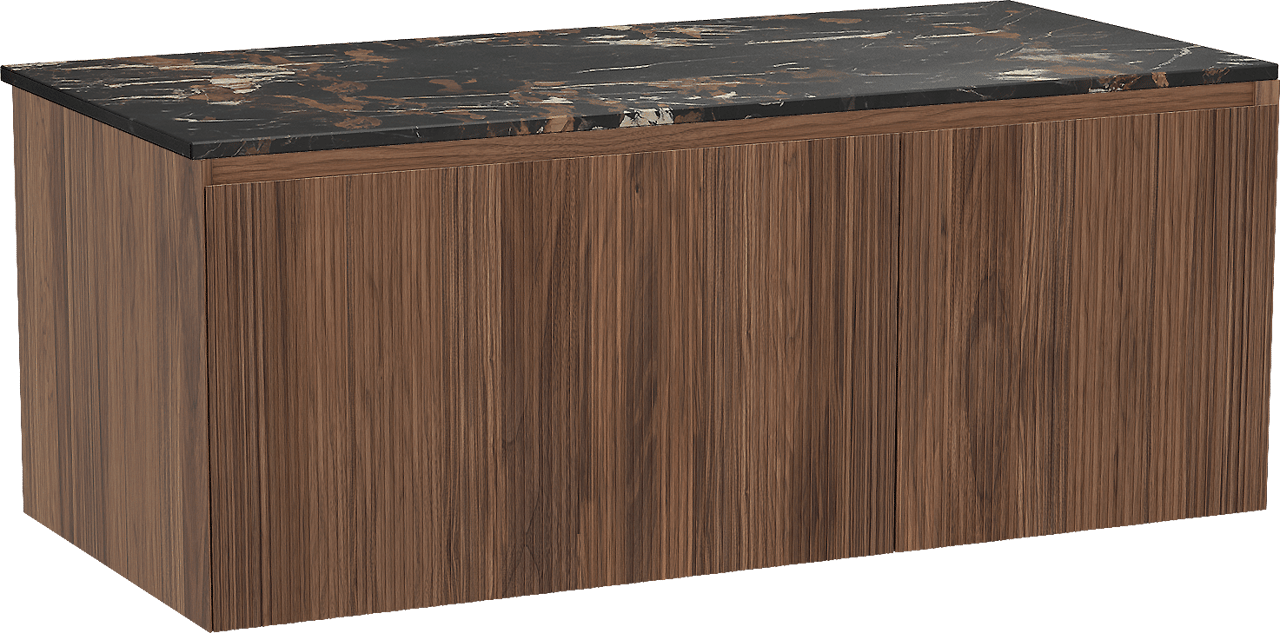 Balmani Fila hängendes Möbelstück Set: 120 x 55 cm, Nussbaum, mit Stretto Einzel Waschtischplatte, Marmor, Portoro Gold, Vertikale symmetrische gerade Rippe