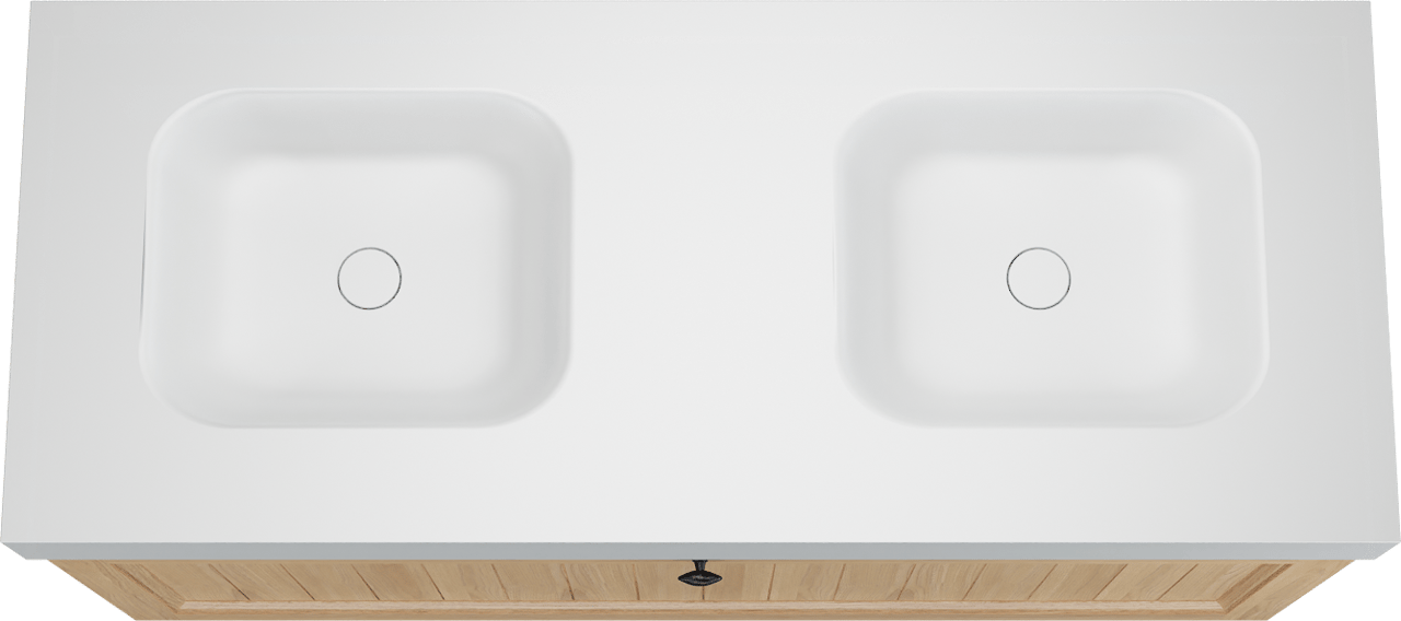 Balmani Lemon zwevend badkamermeubel 135 x 55 cm, fineer natuur eik met Arcato dubbele wastafel in mat wit