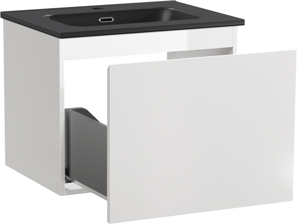 Linie Lado zwevend badkamermeubel 60 x 46 cm glanzend wit met Baro enkele wastafel in porselein mat zwart