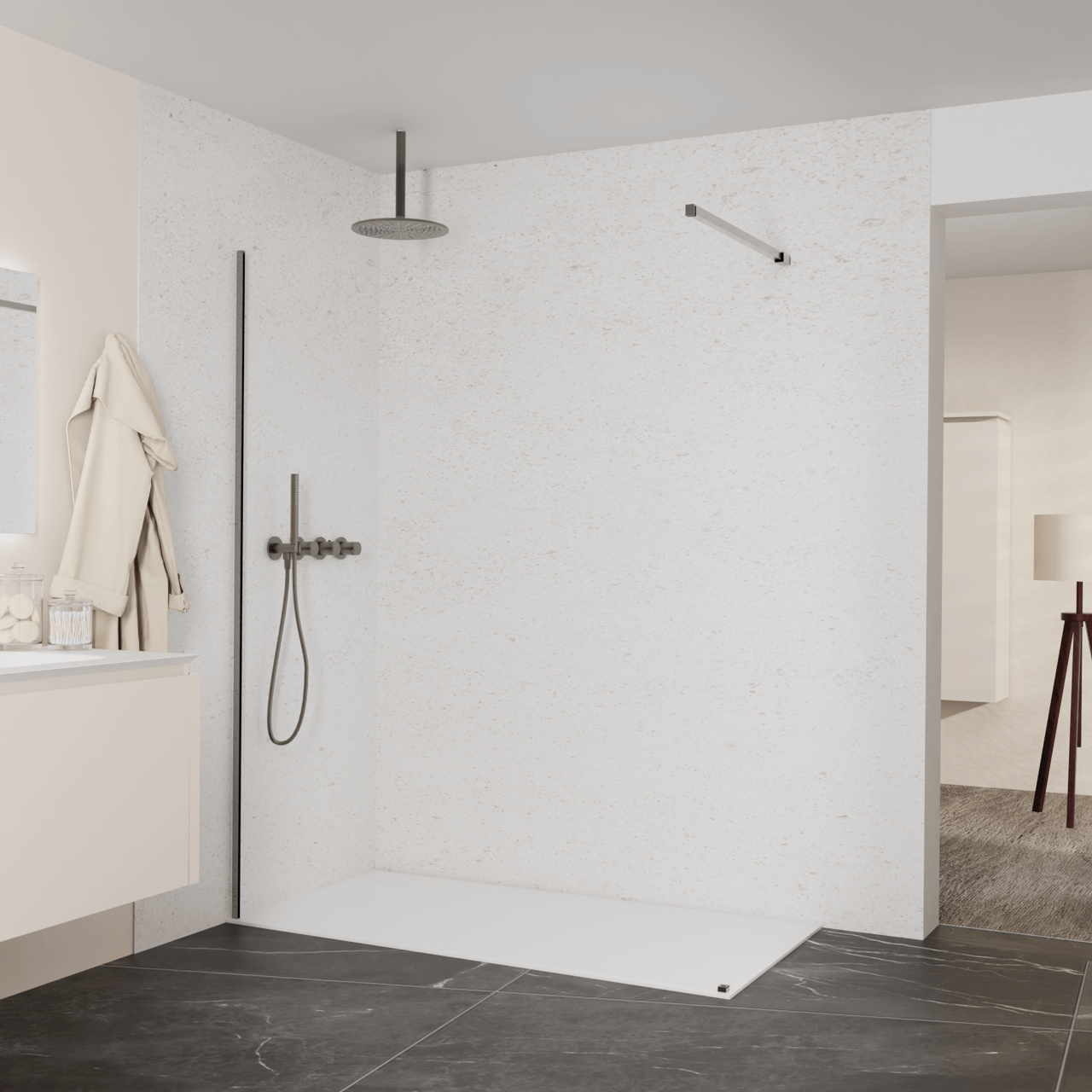 Balmani Modular Walk-In Dusche: 160 x 200 cm, Klarglas, inklusive Coating, Profil Brushed GunMetal