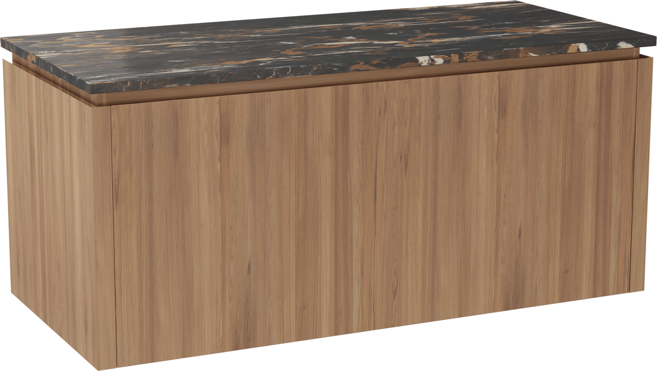 Balmani Eclips zwevend badkamermeubel 120 x 55 cm Teak met Stretto enkel tablet in Portoro Gold marmer