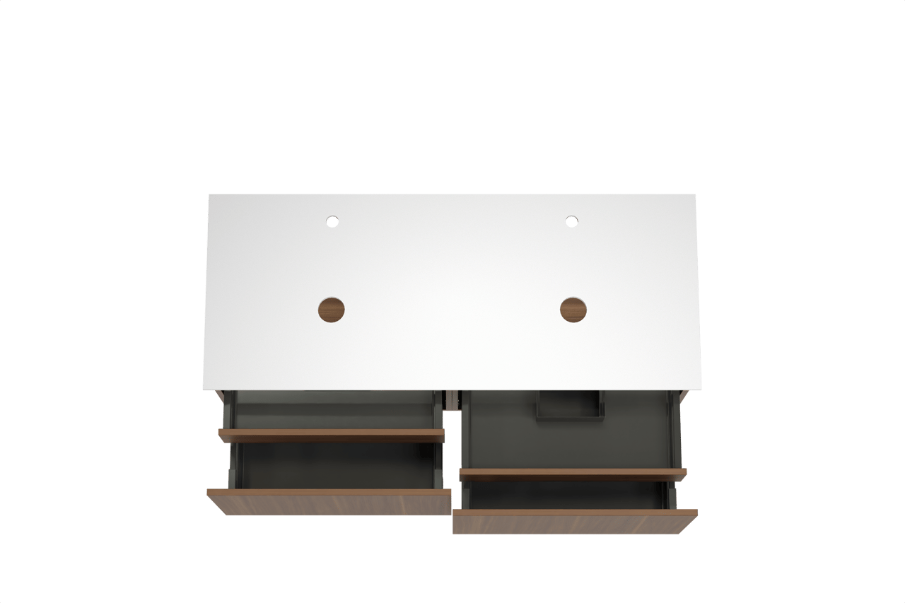 Balmani Sfera meuble salle de bains suspendu 135 x 55 cm noyer américain avec Facetta tablette double en solid surface blanc mat