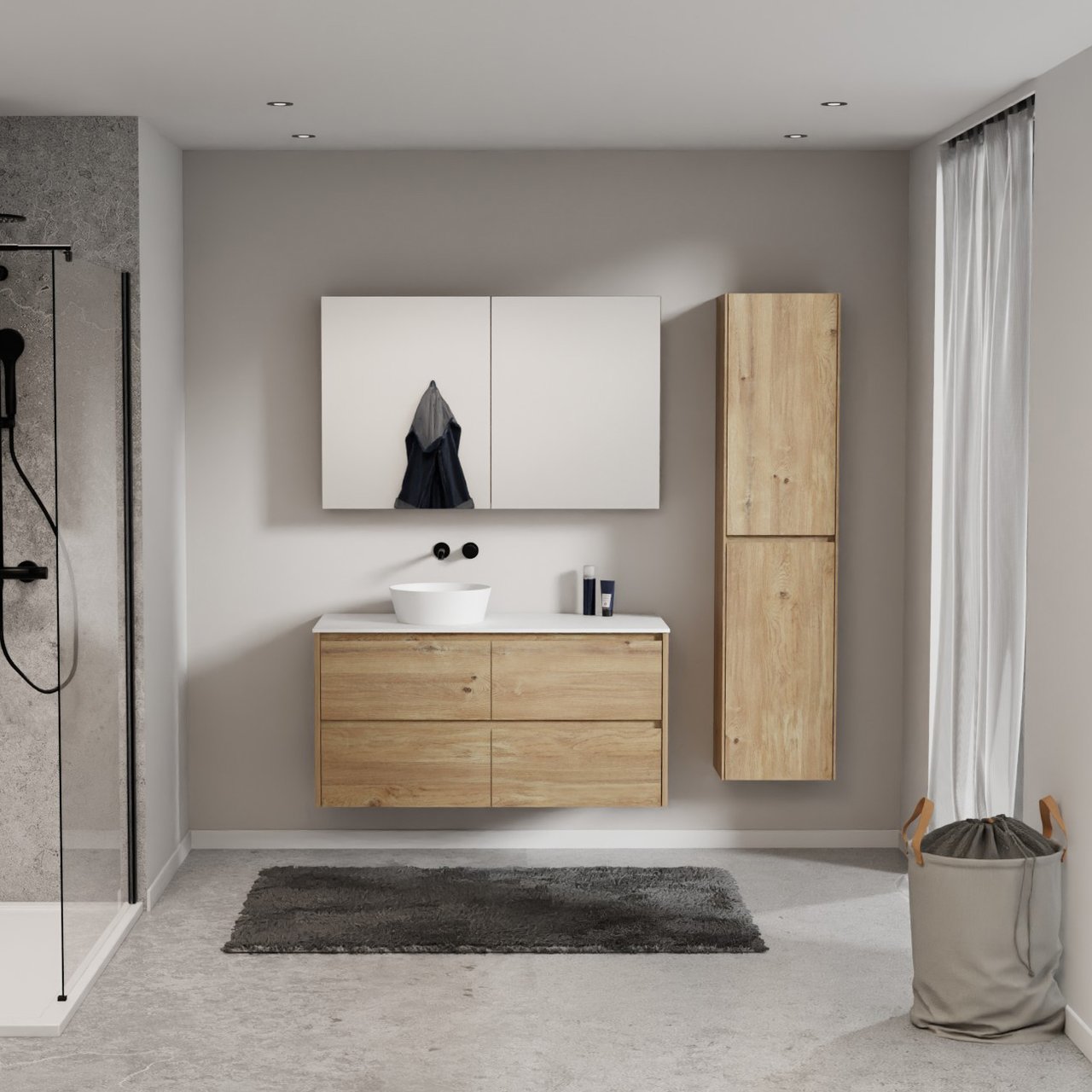 Storke Seda meuble salle de bains suspendu 120 x 52 cm chêne brut avec Tavola tablette simple ou double en solid surface blanc mat