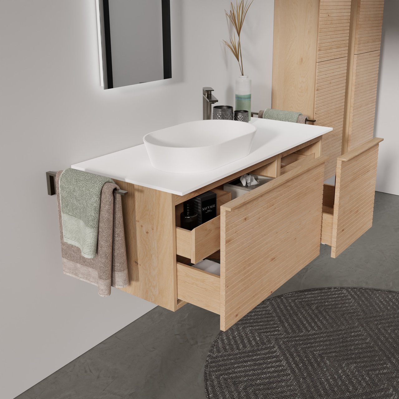 Balmani Forma zwevend badkamermeubel 120 x 55 cm natuur eik met Stretto enkel of dubbel tablet in solid surface mat wit, Horizontale symmetrische rechte ribbel