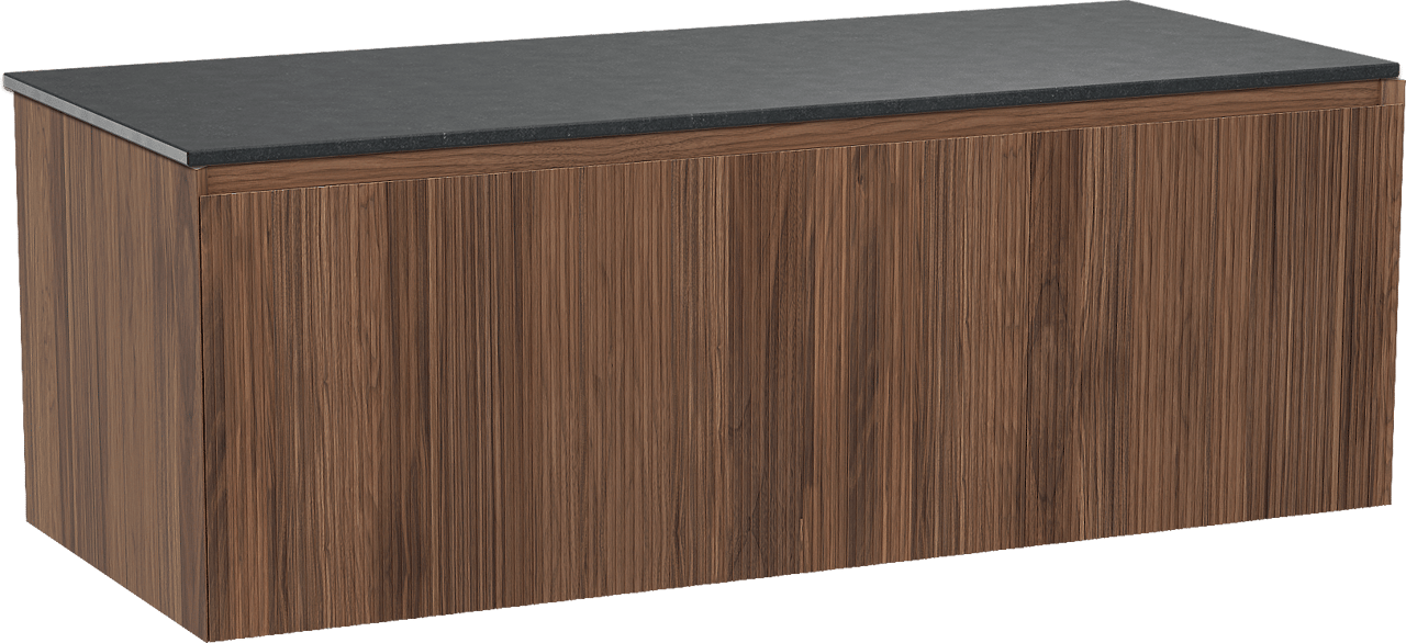 Balmani Fila meuble salle de bains suspendu 135 x 55 cm noyer avec Stretto tablette simple ou double en granit noir, Nervure droite symétrique verticale