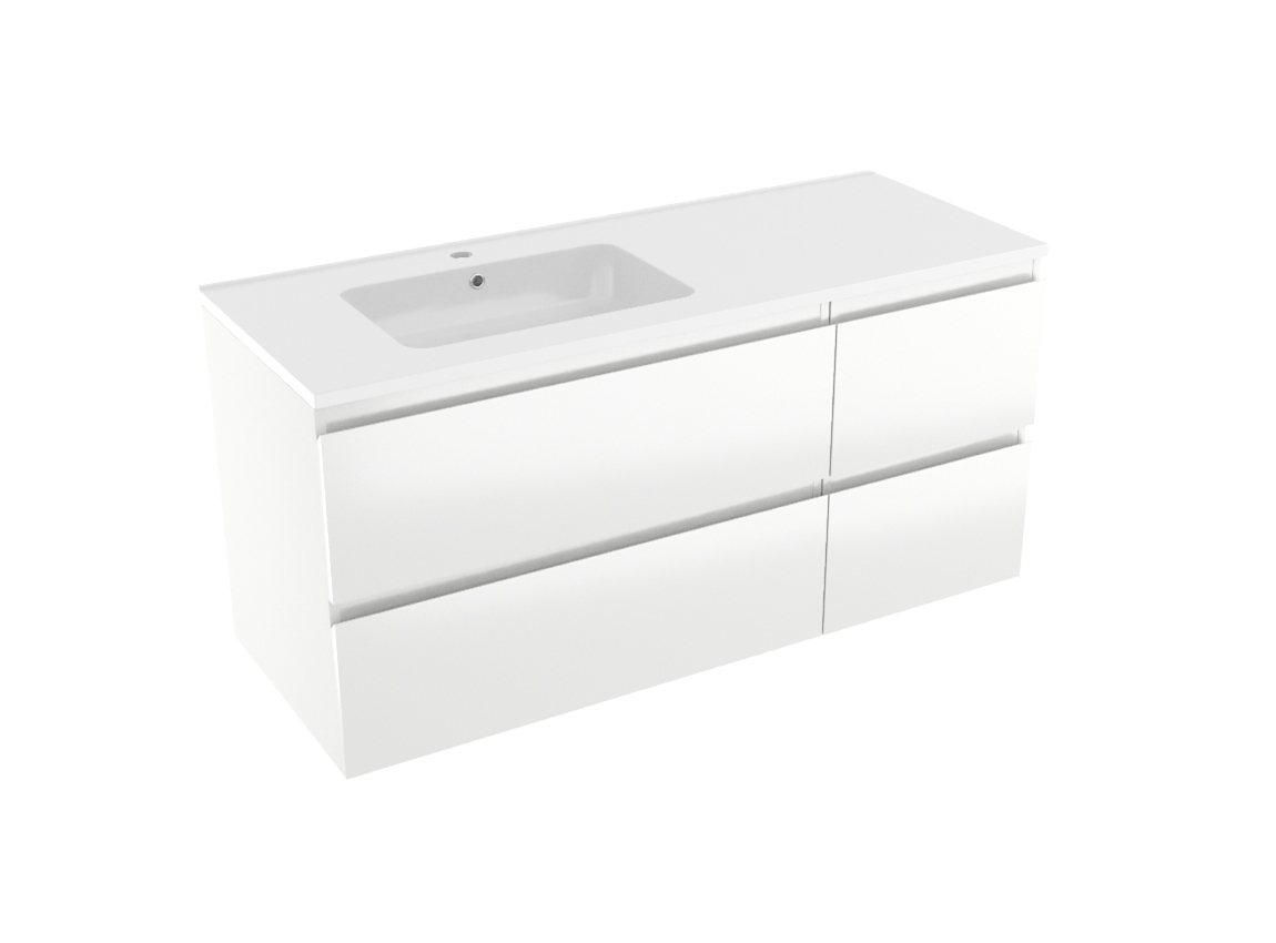 Linie Lado zwevend badkamermeubel 120 x 46 cm glanzend wit met Vano asymmetrisch linkse wastafel in composietmarmer glanzend wit