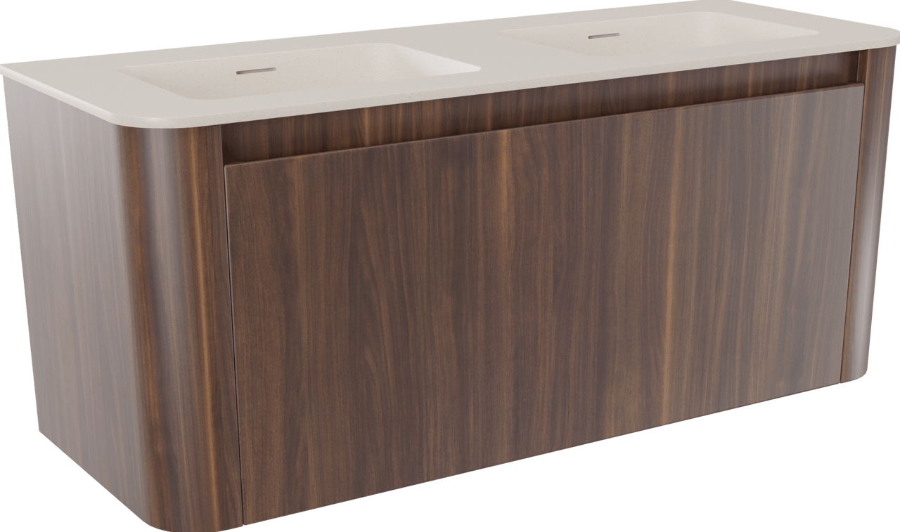 Storke Soft meuble salle de bains suspendu 120 x 46 cm noyer avec Mata Soft double vasque en Solid Surface beige granite