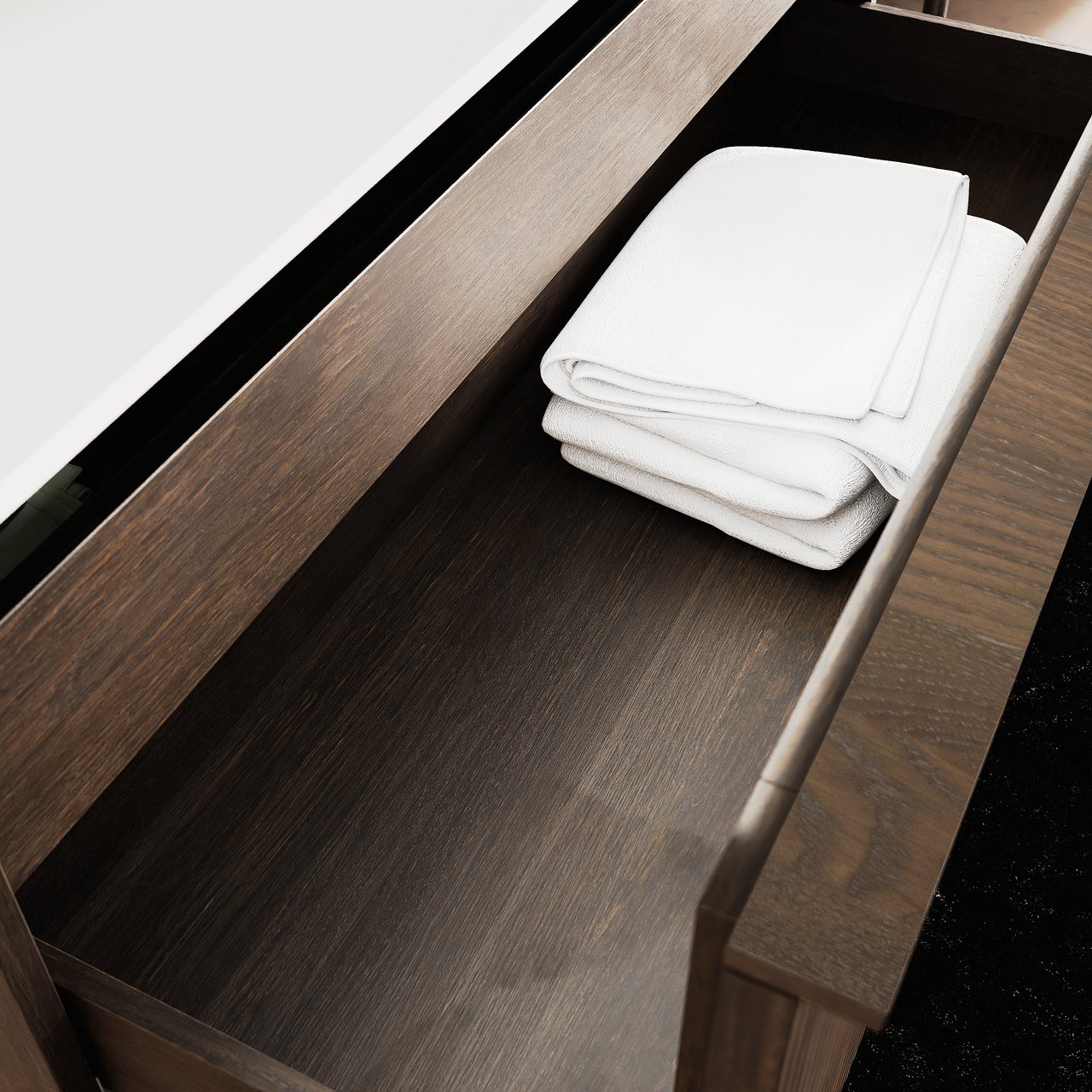 Balmani Forma meuble salle de bains suspendu 120 x 55 cm chêne fumé avec Tablo Arcato plan simple pour 2 trous de robinet en solid surface blanc mat, Nervure droite symétrique verticale