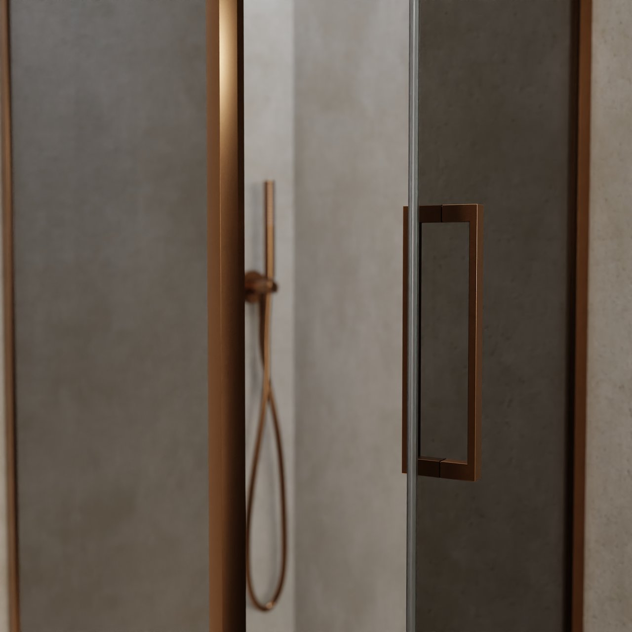 Balmani Senses Design douchecabine met rechtse draaideur en vaste zijwand, 90 x 90 cm, Rookglas, Brushed Rosegold profielen