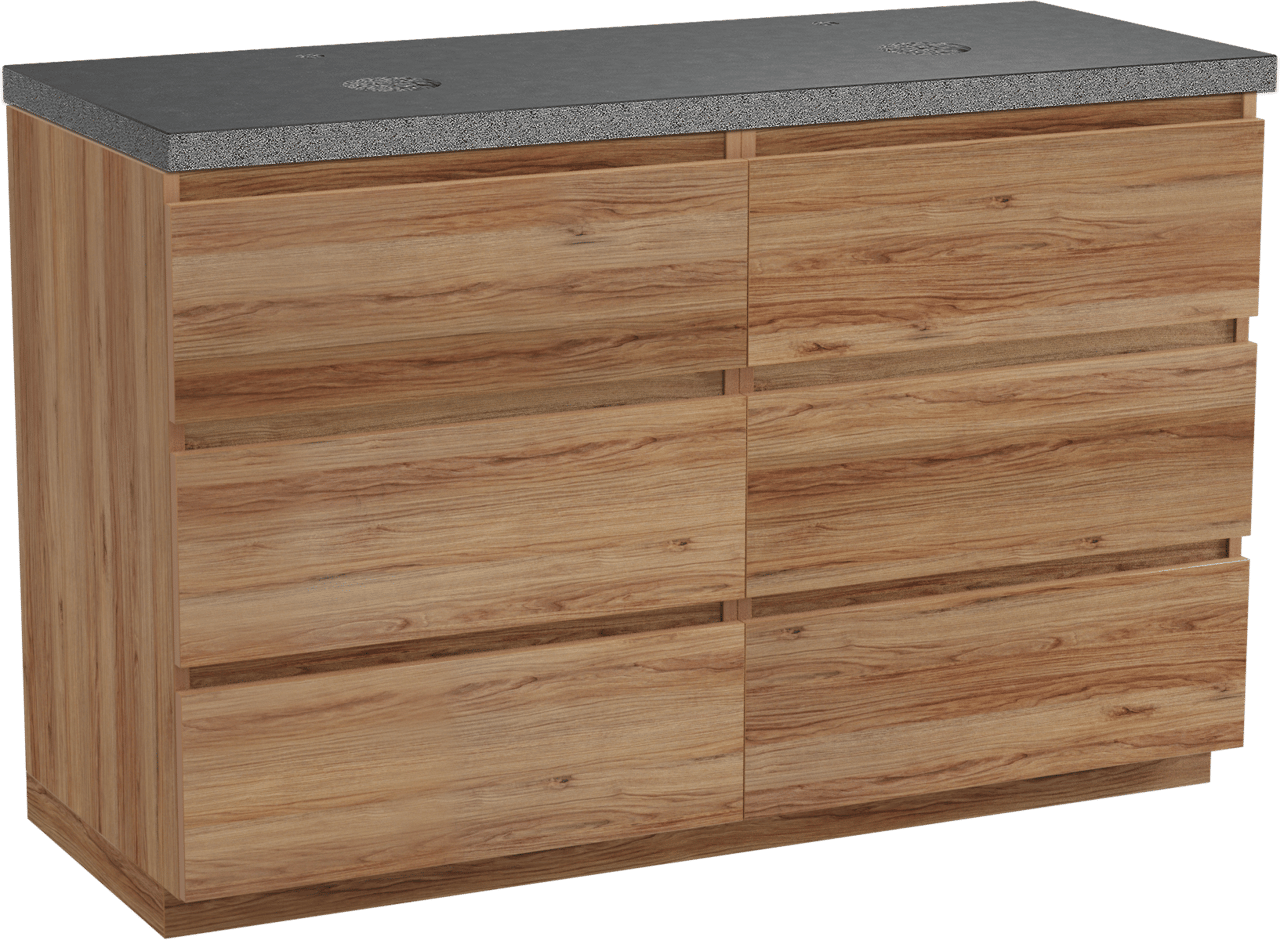 Balmani Lucida freistehendes Möbelstück Set: 135 x 55 cm, Teak, mit Rock Doppel Waschtischplatte, Schwarzes Granit