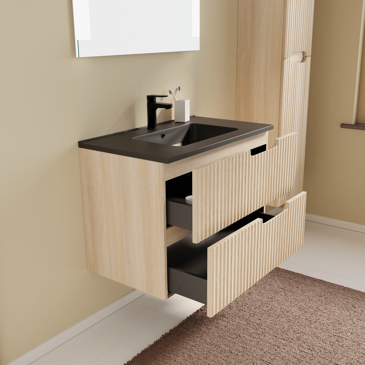 Linie Ribbo hängendes Möbelstück Set: 80 x 46 cm, Helle Eiche, mit Vano Einzelwaschtisch, Marmorkomposit, Schwarz matt, Vertikale symmetrische runde Rippe