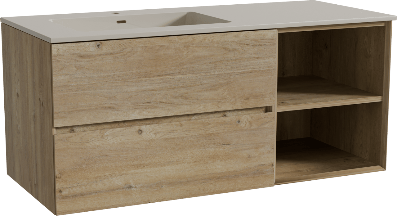 Storke Edge meuble salle de bains suspendu 120 x 52 cm chêne brut avec Diva vasque asymétrique gauche en top solid soie grise