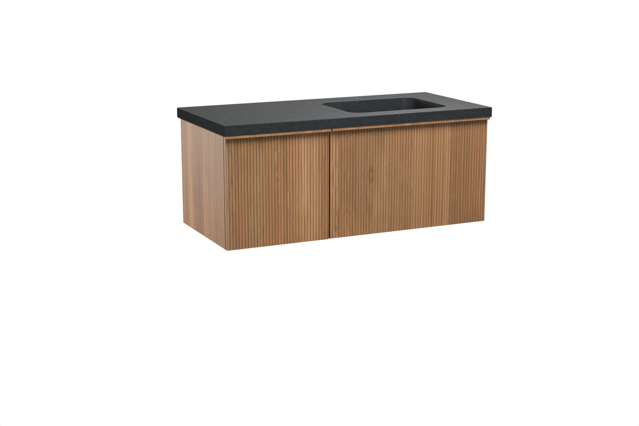 Balmani Forma meuble salle de bains suspendu 120 x 55 cm teck avec Napoli vasque asymétrique droite en granit noir, Nervure droite symétrique verticale