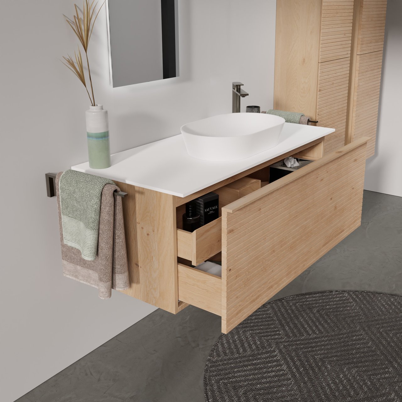 Balmani Forma zwevend badkamermeubel 120 x 55 cm natuur eik met Stretto enkel of dubbel tablet in solid surface mat wit, Horizontale symmetrische rechte ribbel