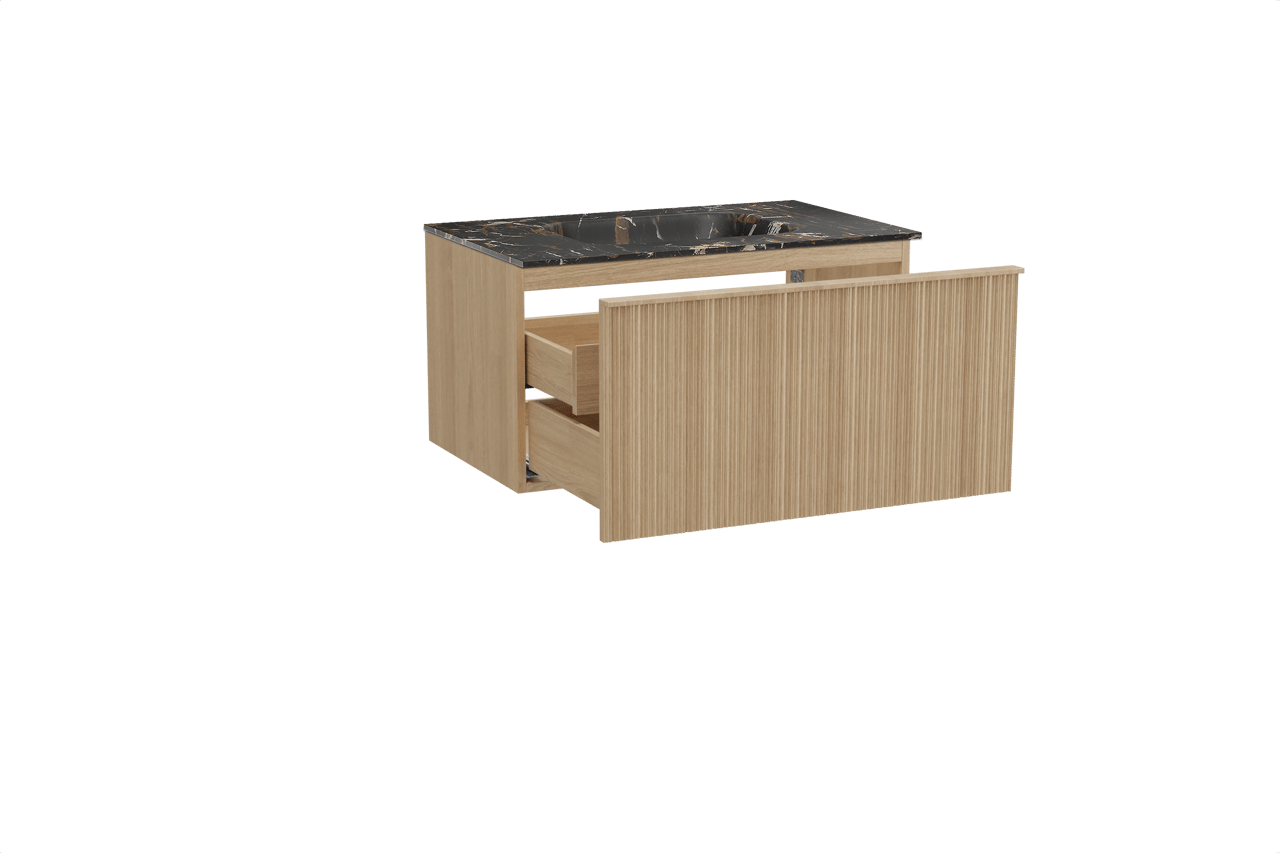 Balmani Forma zwevend badkamermeubel 90 x 55 cm natuur eik met Tablo Arcato enkele wastafel in marmer portoro gold, Verticale asymmetrische ronde ribbel