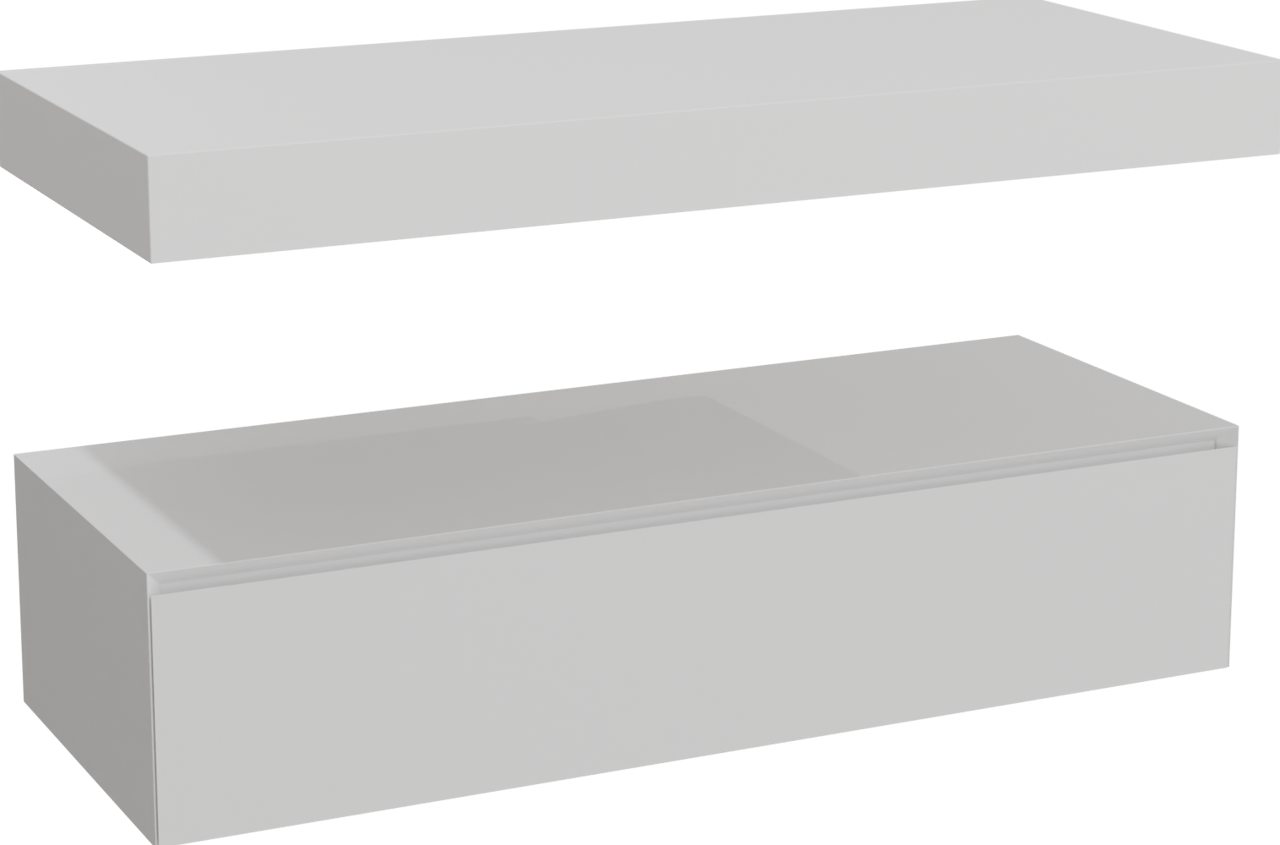 Balmani Mitra Elements hängendes Möbelstück Set: 135 x 55 cm, Weiß matt mit Dominus Einzel- oder Doppel Waschtischplatte, Solid Surface Weiß matt