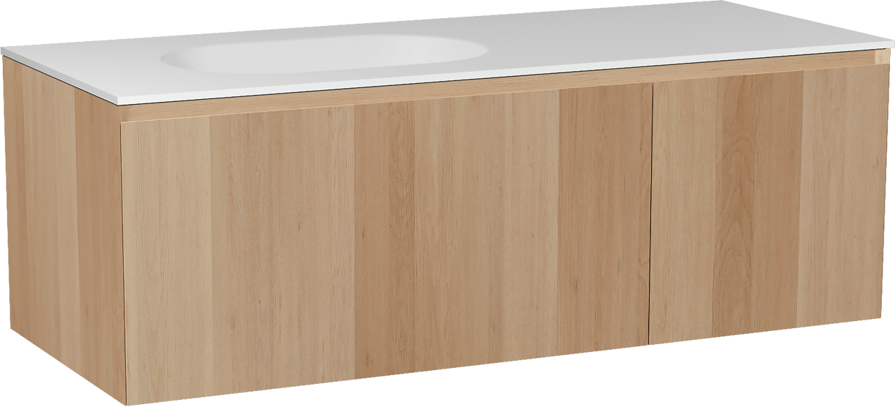 Balmani Idra meuble salle de bains suspendu 135 x 55 cm chêne naturel avec Tablo Oval plan vasque asymétrique à gauche en solid surface blanc mat