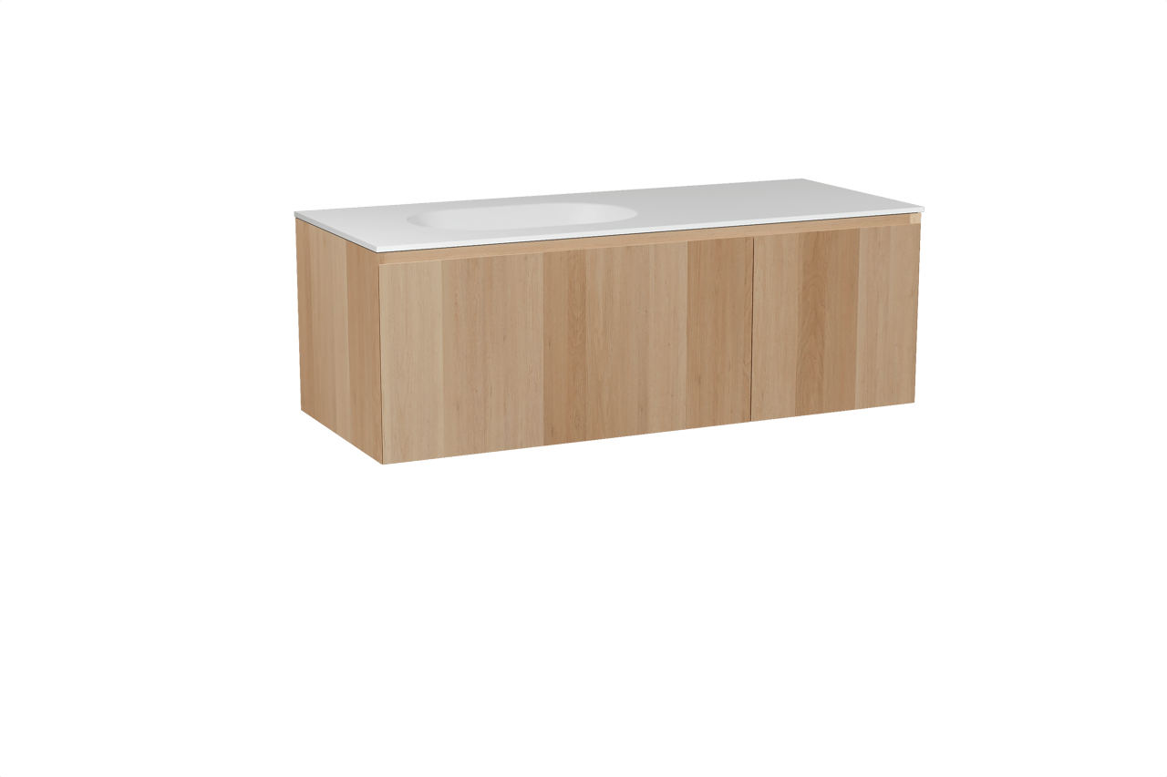 Balmani Idra meuble salle de bains suspendu 135 x 55 cm chêne naturel avec Tablo Oval vasque asymétrique gauche en solid surface blanc mat
