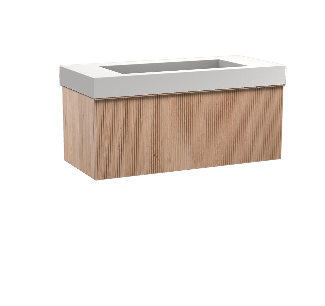 Balmani Forma hängendes Möbelstück Set: 120 x 55 cm, Naturbelassene Eiche, mit Modus Einzelwaschtisch für 2 Armaturenlöcher, Solid Surface, Weiß matt, Vertikale symmetrische gerade Rippe