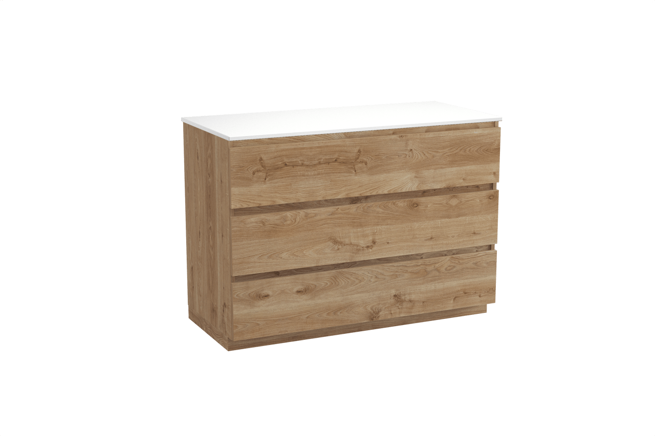 Balmani Lucida freistehendes Möbelstück Set: 120 x 55 cm, Rohe Eiche, mit Stretto Einzel- oder Doppel Waschtischplatte, Solid Surface Weiß matt