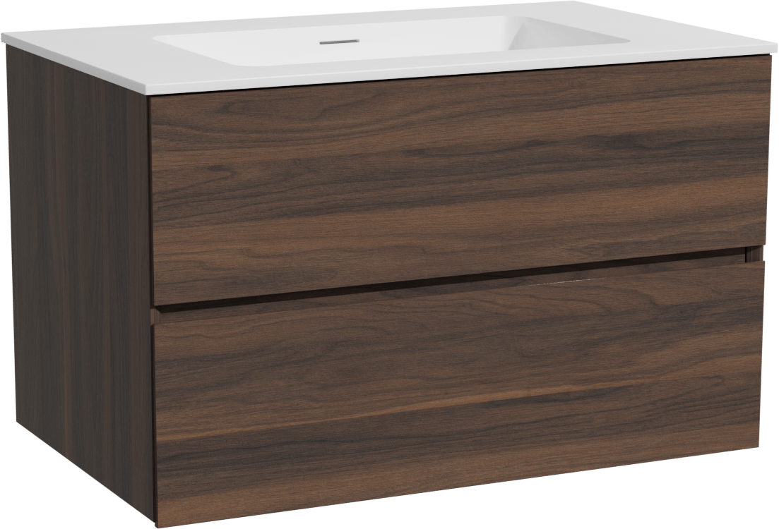 Storke Edge zwevend badkamermeubel 85 x 52 cm notelaar met Mata enkele wastafel in solid surface mat wit