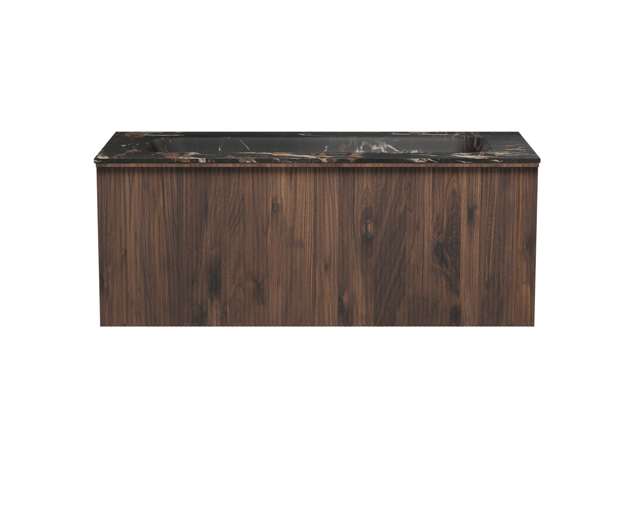 Balmani Forma zwevend badmeubel 120 x 55 cm amerikaans notenhout met Tablo Arcato enkele wastafel voor 2 kraangaten in marmer portoro gold, Verticale symmetrische rechte ribbel