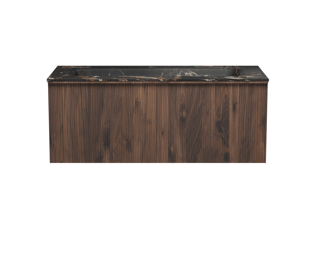 Balmani Forma hängendes Möbelstück Set: 120 x 55 cm, Amerikanischer Nussbaum, mit Tablo Arcato Einzelwaschtisch für 2 Armaturenlöcher, Marmor, Portoro Gold, Vertikale symmetrische gerade Rippe