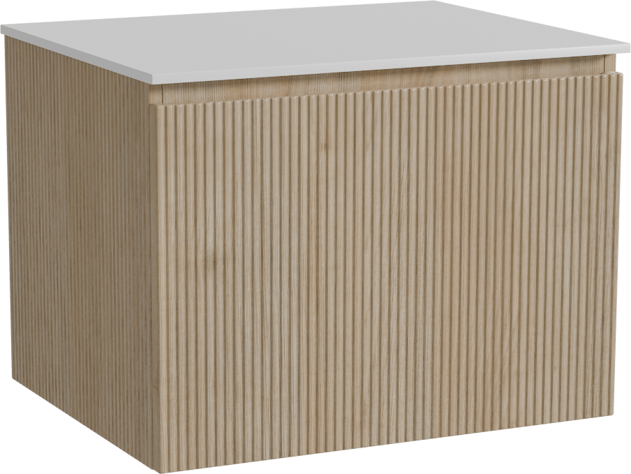 Storke Ribs meuble salle de bains suspendu 65 x 52 cm chêne brut avec Tavola tablette simple en solid surface blanc mat, Nervure droite symétrique verticale
