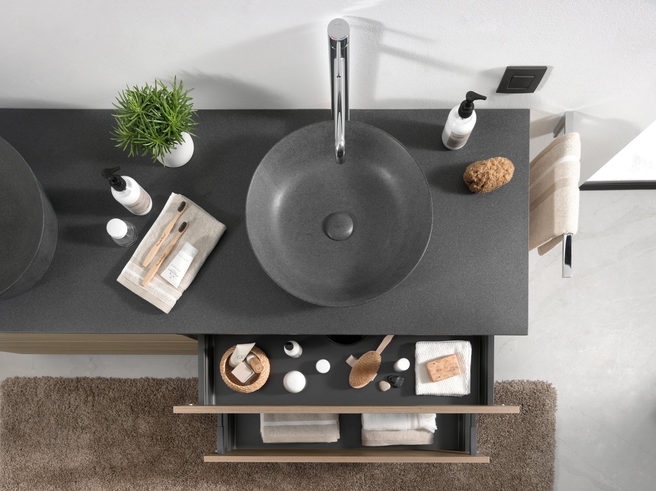 Balmani Still Aufsatzwaschbecken: Granit, poliert, rund, Ø 42.5 cm