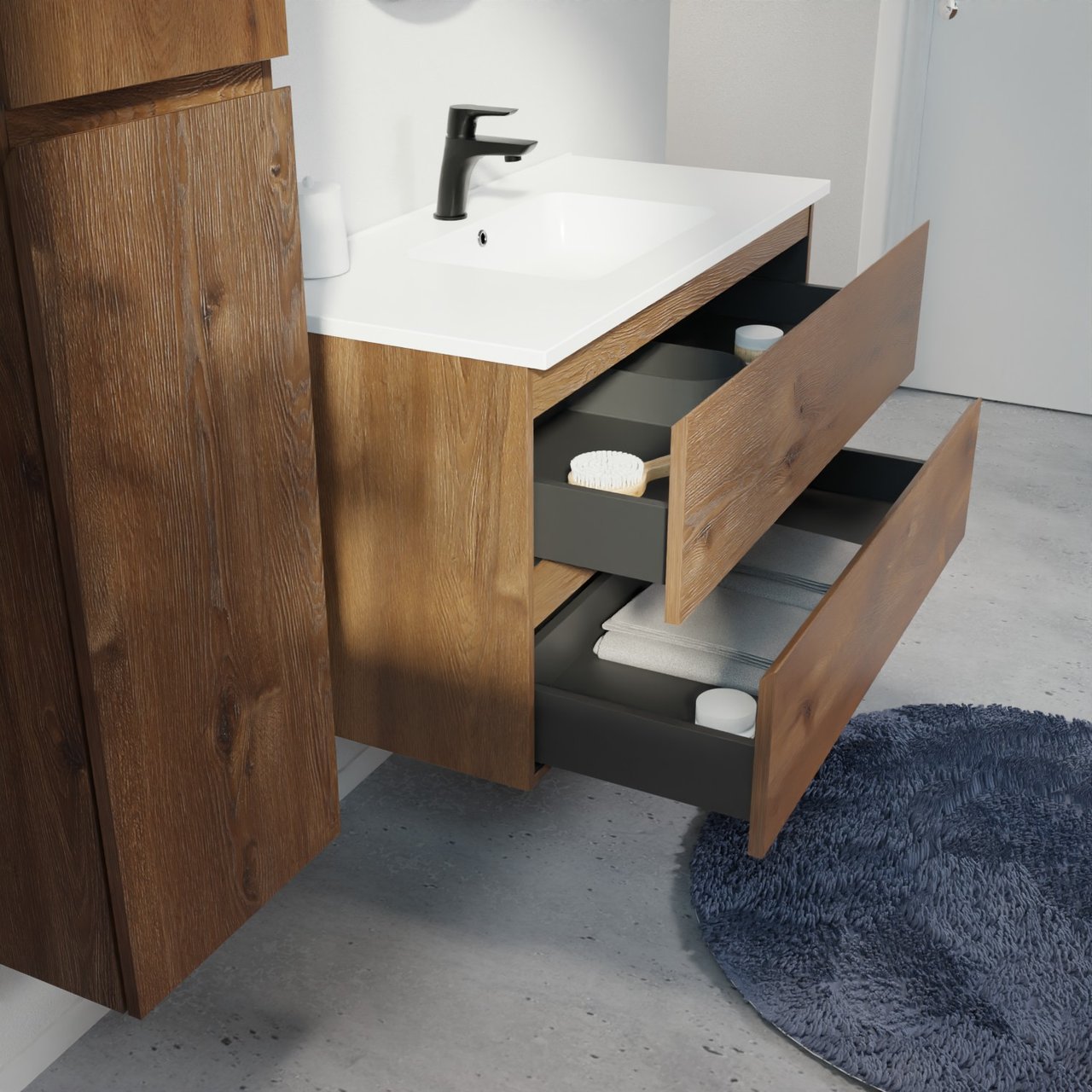 Linie Lado meuble salle de bains suspendu 100 x 46 cm chêne brun avec Vano plan simple en marbre composite blanc mat