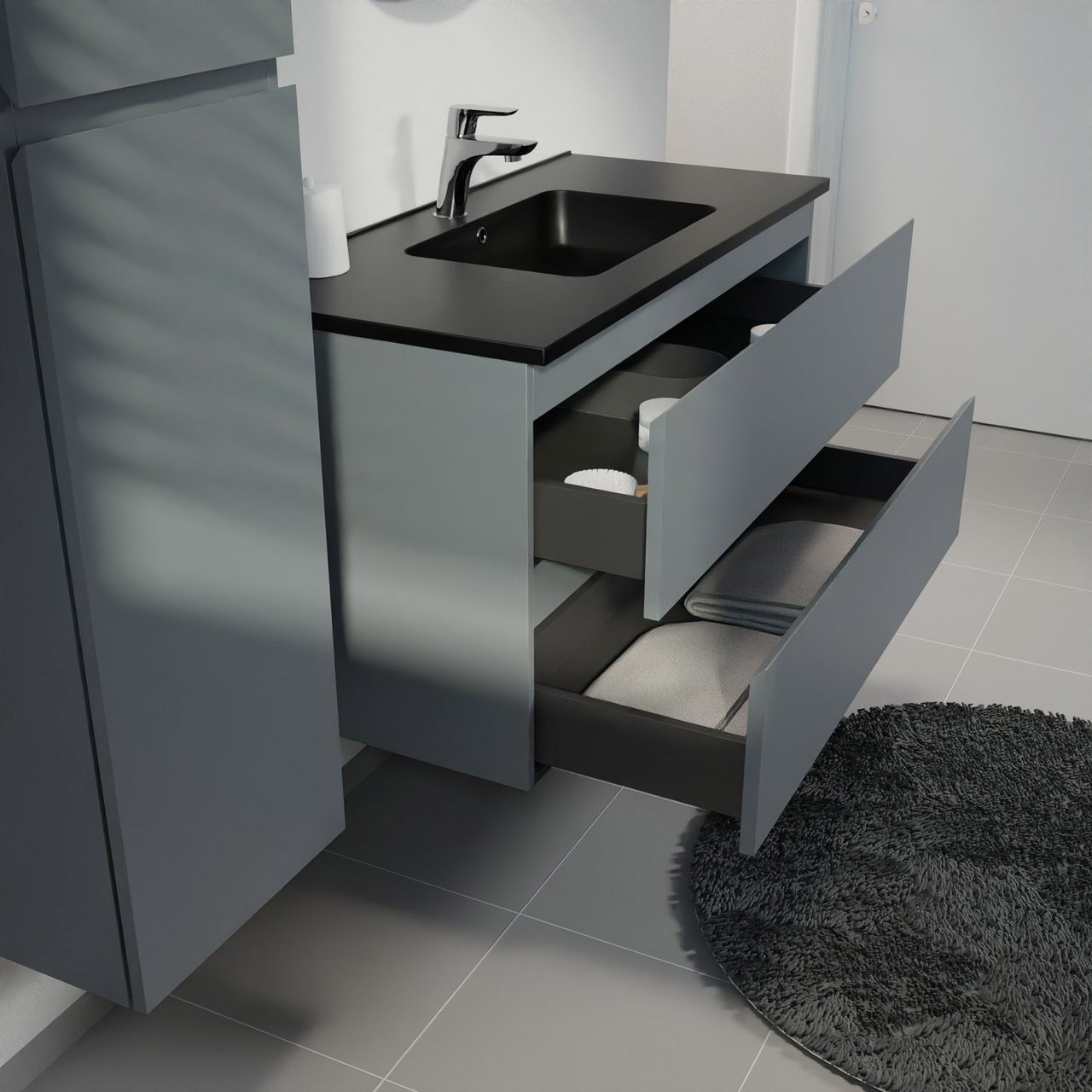 Linie Lado meuble salle de bains suspendu 100 x 46 cm bleu anthracite avec Vano plan simple en marbre composite noir mat