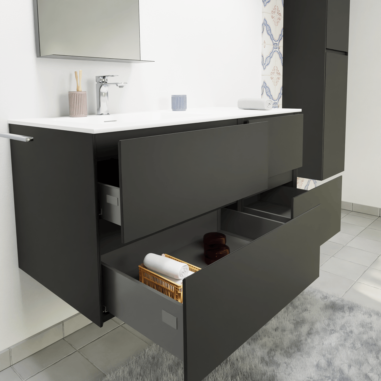 Storke Edge meuble salle de bains suspendu 110 x 52 cm noir mat avec Mata vasque asymétrique gauche en solid surface blanc mat