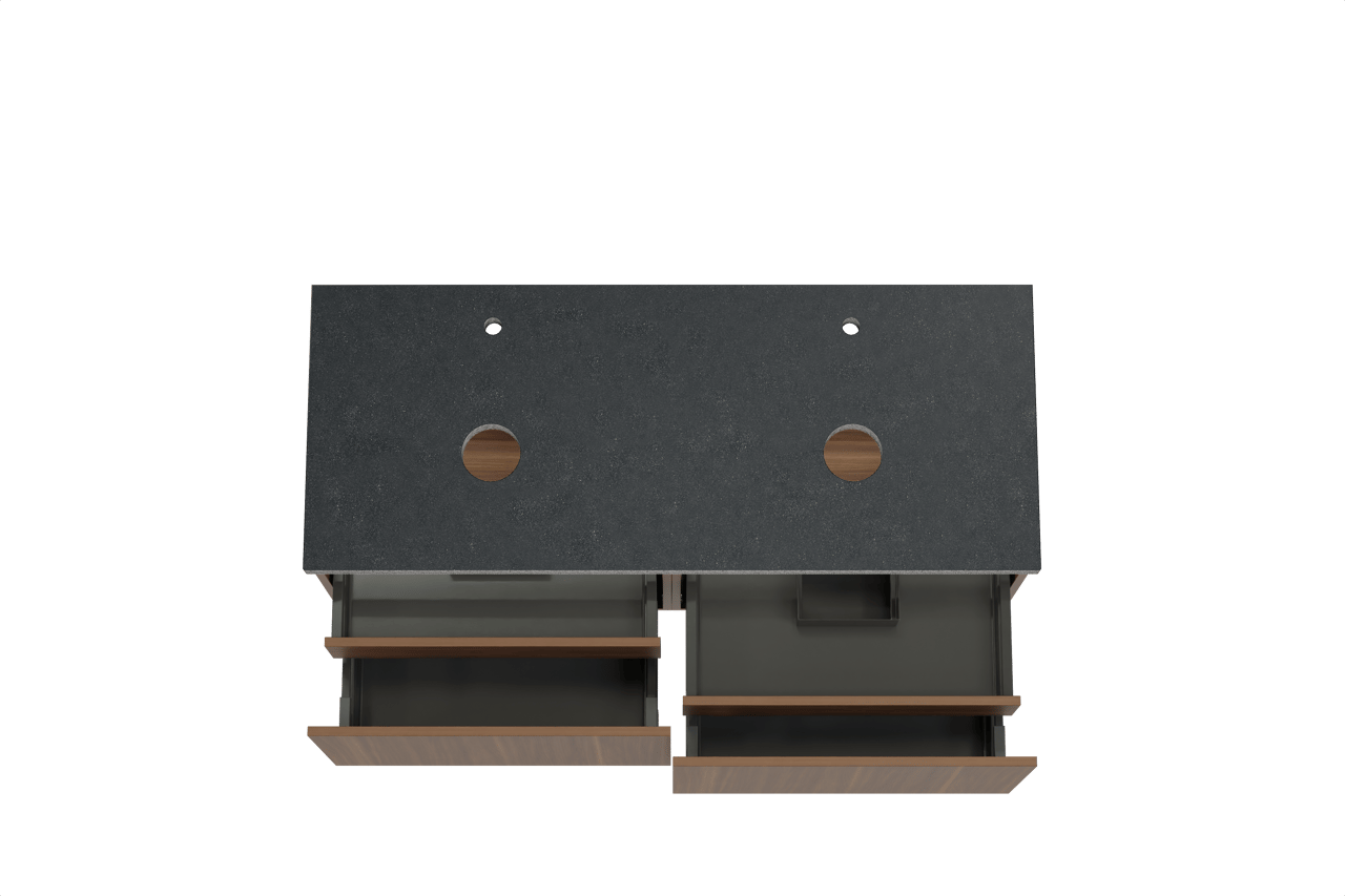 Balmani Sfera hängendes Möbelstück Set: 135 x 55 cm, Amerikanischer Nussbaum, mit Rock Doppel Waschtischplatte, Schwarzes Granit