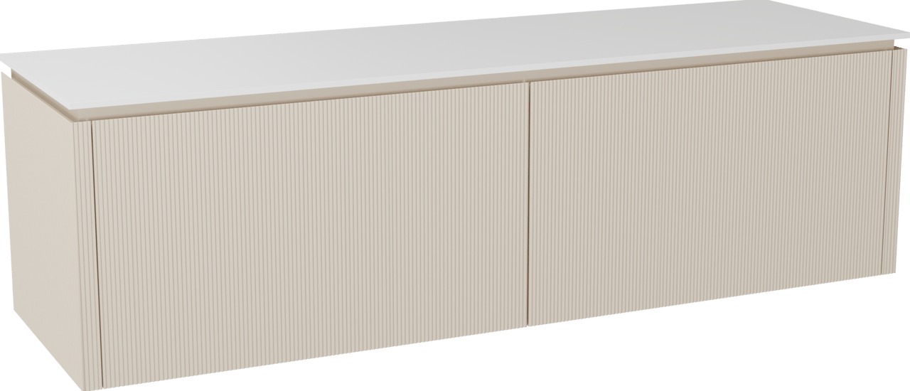 Balmani Eclips zwevend badkamermeubel 180 x 55 cm Sandbeige met Stretto enkel of dubbel tablet in Solid Surface mat wit, Verticale symmetrische rechte ribbel