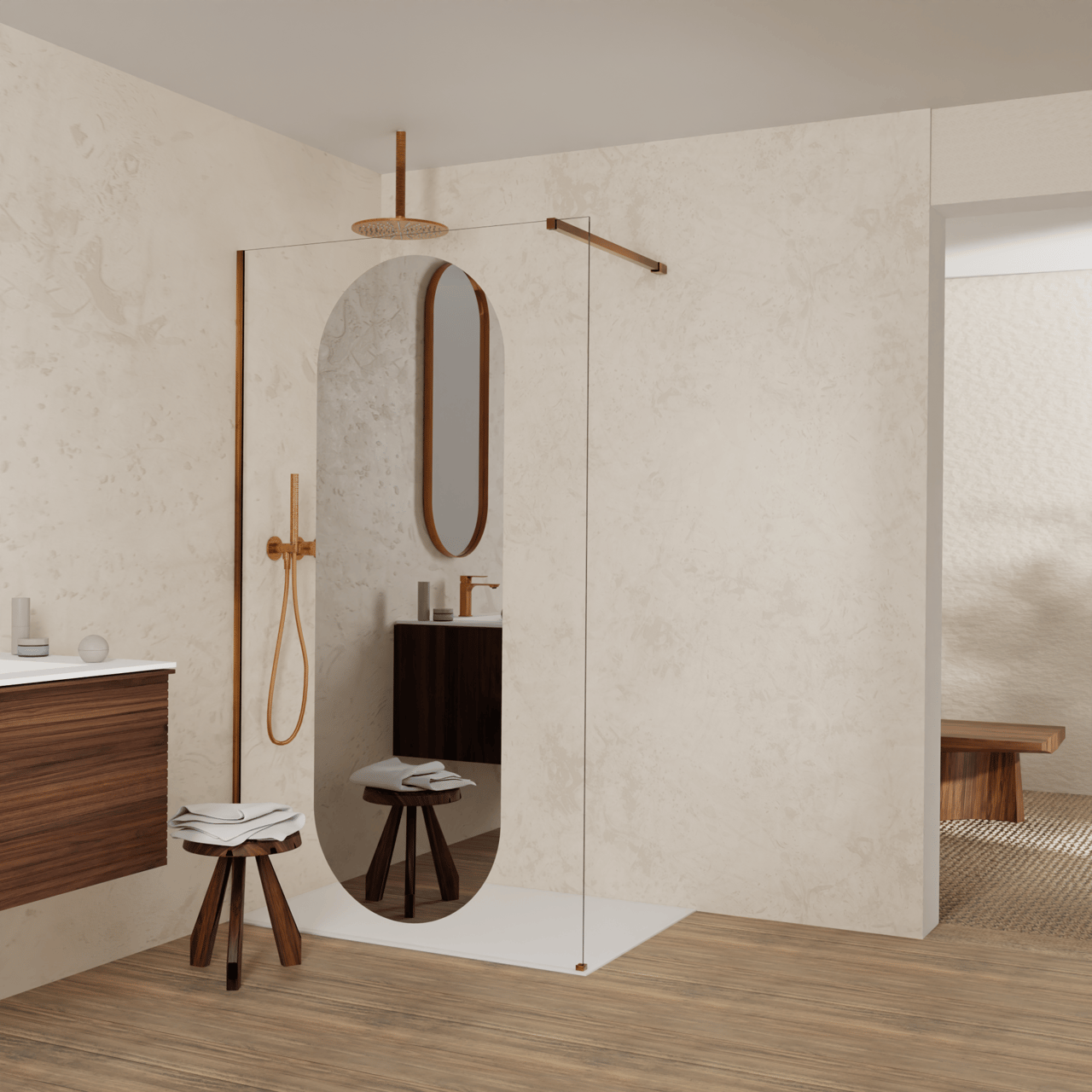 Balmani Modular inloopdouche: 120 x 200 cm, Reflex ovaal spiegelglas, Brushed Rosegold profielen