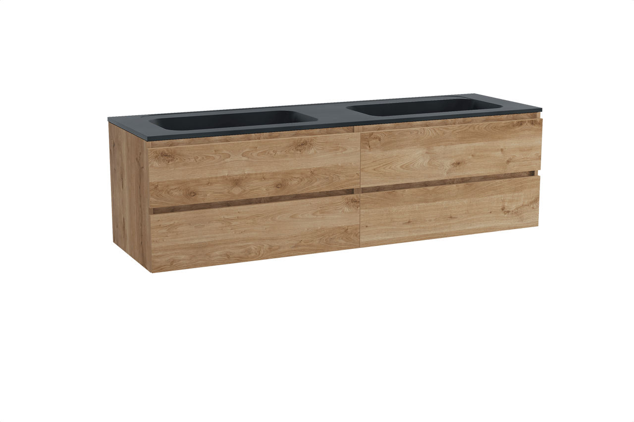 Balmani Lucida hängendes Möbelstück Set: 180 x 55 cm, Rohe Eiche, mit Tablo Strada Doppelwaschtisch, Marmorkomposit Schwarz matt