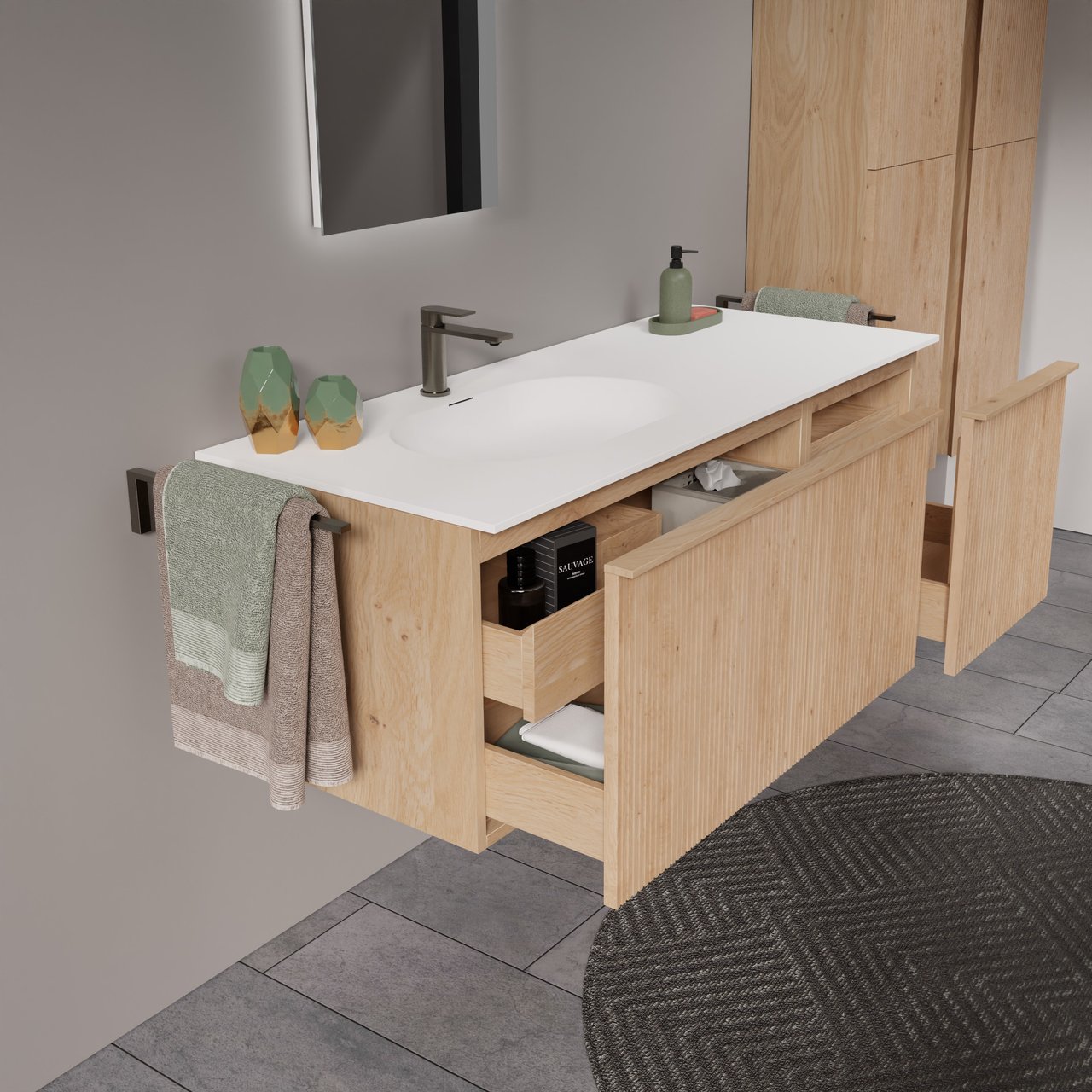 Balmani Forma hängendes Möbelstück Set: 135 x 55 cm, Naturbelassene Eiche, mit Tablo Oval Waschtisch links, Solid Surface, Weiß matt, Vertikale symmetrische gerade Rippe