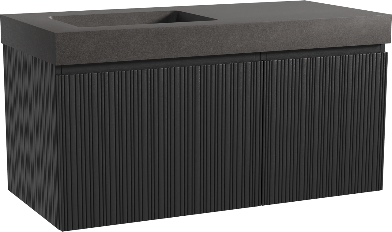 Storke Ribs zwevend badmeubel 110 x 52 cm zwart eiken met Scuro High asymmetrisch linkse wastafel in kwarts mat zwart, Verticale asymmetrische rechte ribbel