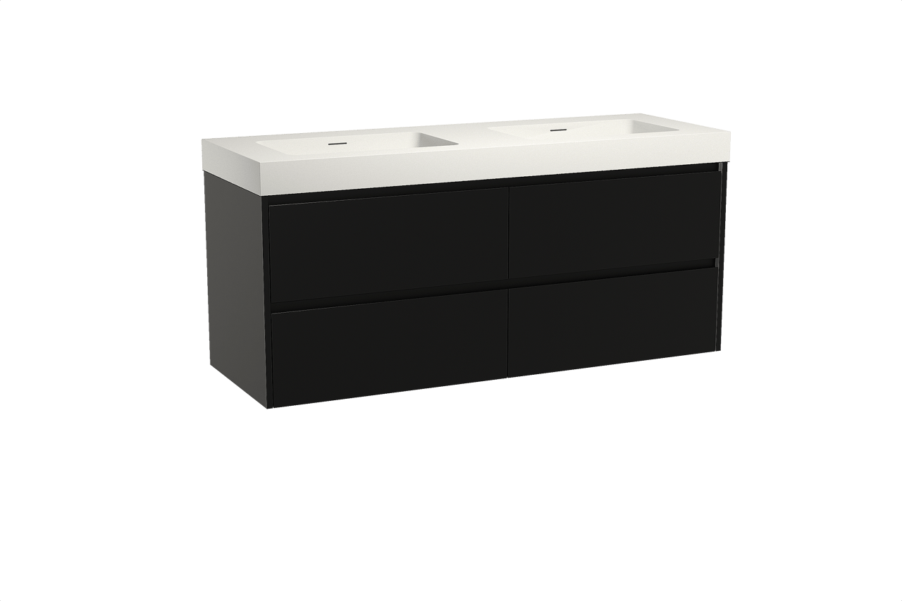 Storke Seda hängendes Möbelstück Set: 150 x 52 cm, Schwarz matt, mit Mata High Doppelwaschtisch, Solid Surface Weiß matt