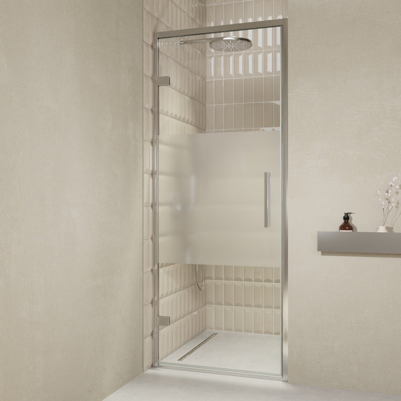 Balmani Senses Design douche draaideur links 90 cm x 210 cm Helder glas met matte strook, Chroom profielen, met coating