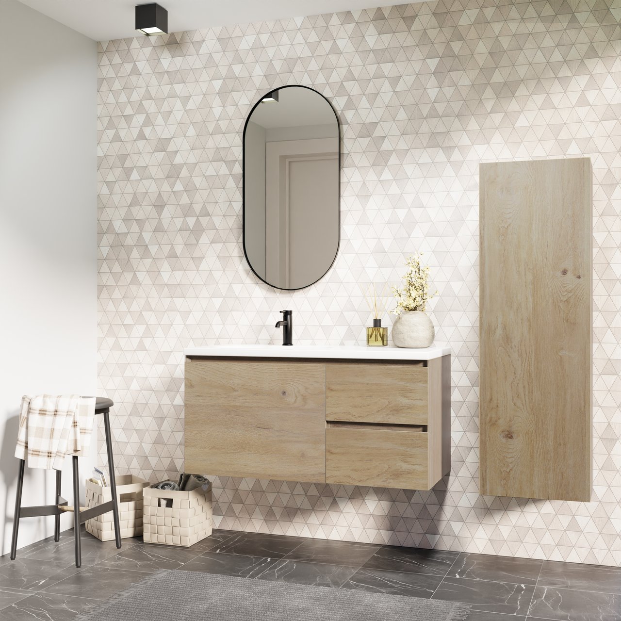 Storke Edge zwevend badkamermeubel 100 x 46 cm ruwe eik met Planza asymmetrisch linkse wastafel in composietmarmer glanzend wit